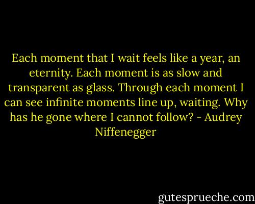 Each moment that I wait feels like a year, an eternity. Each moment is as slow and transparent as glass. Through each moment I can see infinite moments line up, waiting. Why has he gone where I cannot follow? - Audrey Niffenegger