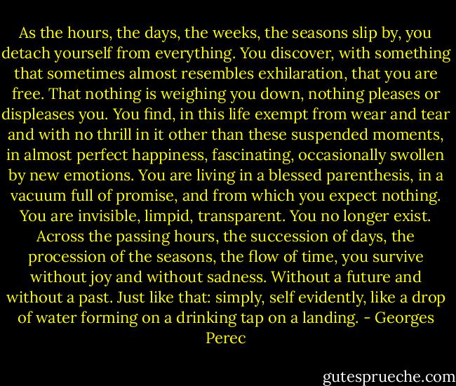 As the hours, the days, the weeks, the seasons slip by, you detach yourself from everything. You discover, with something that sometimes almost resembles exhilaration, that you are free. That nothing is weighing you down, nothing pleases or displeases you. You find, in this life exempt from wear and tear and with no thrill in it other than these suspended moments, in almost perfect happiness, fascinating, occasionally swollen by new emotions. You are living in a blessed parenthesis, in a vacuum full of promise, and from which you expect nothing. You are invisible, limpid, transparent. You no longer exist. Across the passing hours, the succession of days, the procession of the seasons, the flow of time, you survive without joy and without sadness. Without a future and without a past. Just like that: simply, self evidently, like a drop of water forming on a drinking tap on a landing. - Georges Perec