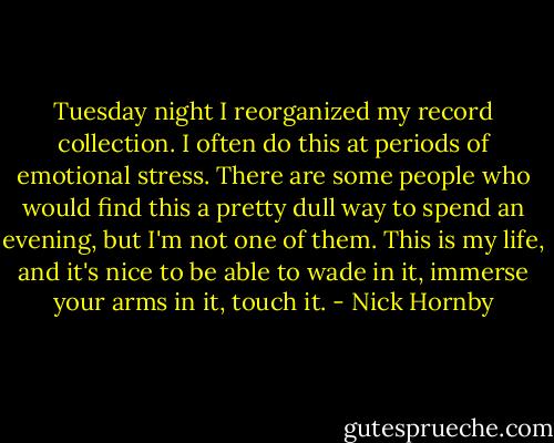 Tuesday night I reorganized my record collection. I often do this at periods of emotional stress. There are some people who would find this a pretty dull way to spend an evening, but I'm not one of them. This is my life, and it's nice to be able to wade in it, immerse your arms in it, touch it. - Nick Hornby
