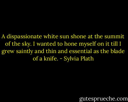 A dispassionate white sun shone at the summit of the sky. I wanted to hone myself on it till I grew saintly and thin and essential as the blade of a knife. - Sylvia Plath