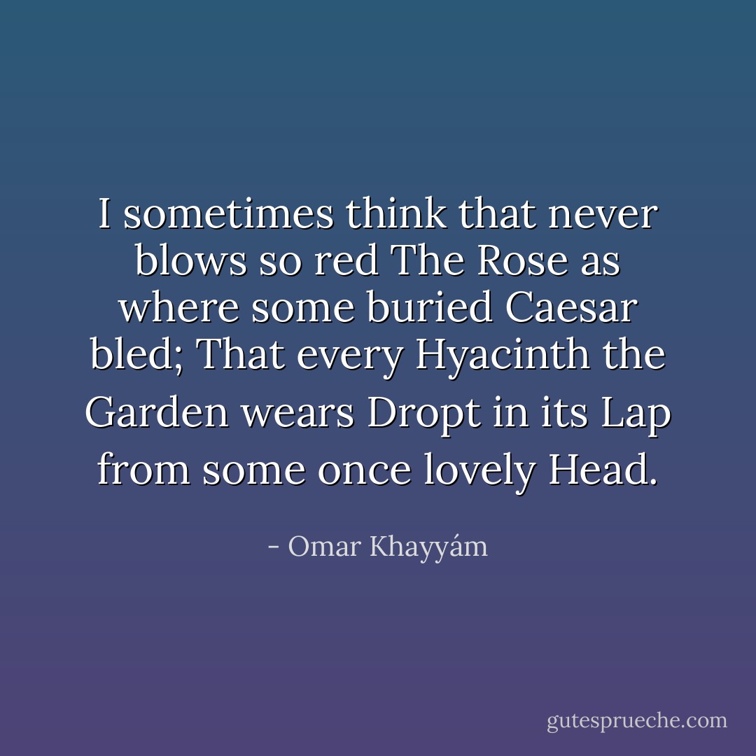 I sometimes think that never blows so red<br />The Rose as where some buried Caesar bled;<br />That every Hyacinth the Garden wears<br />Dropt in its Lap from some once lovely Head. - Omar Khayyám