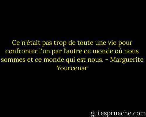 Ce n'était pas trop de toute une vie pour confronter l'un par l'autre ce monde où nous sommes et ce monde qui est nous. - Marguerite Yourcenar