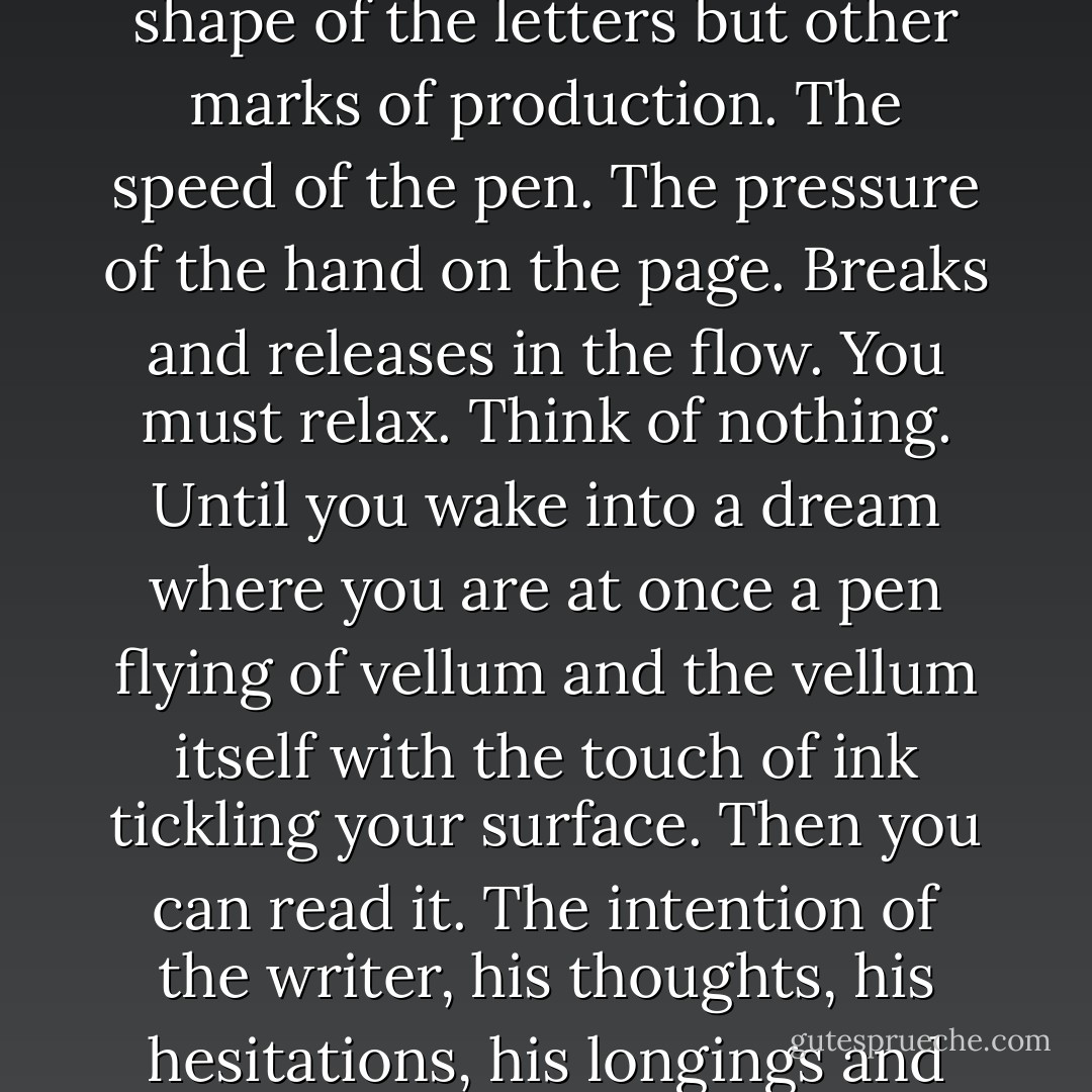 When you read a manuscript that has been damaged by water, fire, light or just the passing of the years, your eye needs to study not just the shape of the letters but other marks of production. The speed of the pen. The pressure of the hand on the page. Breaks and releases in the flow. You must relax. Think of nothing. Until you wake into a dream where you are at once a pen flying of vellum and the vellum itself with the touch of ink tickling your surface. Then you can read it. The intention of the writer, his thoughts, his hesitations, his longings and his meaning. You can read as clearly as if you were the very candlelight illuminating the page as the pen speeds over it. - Diane Setterfield