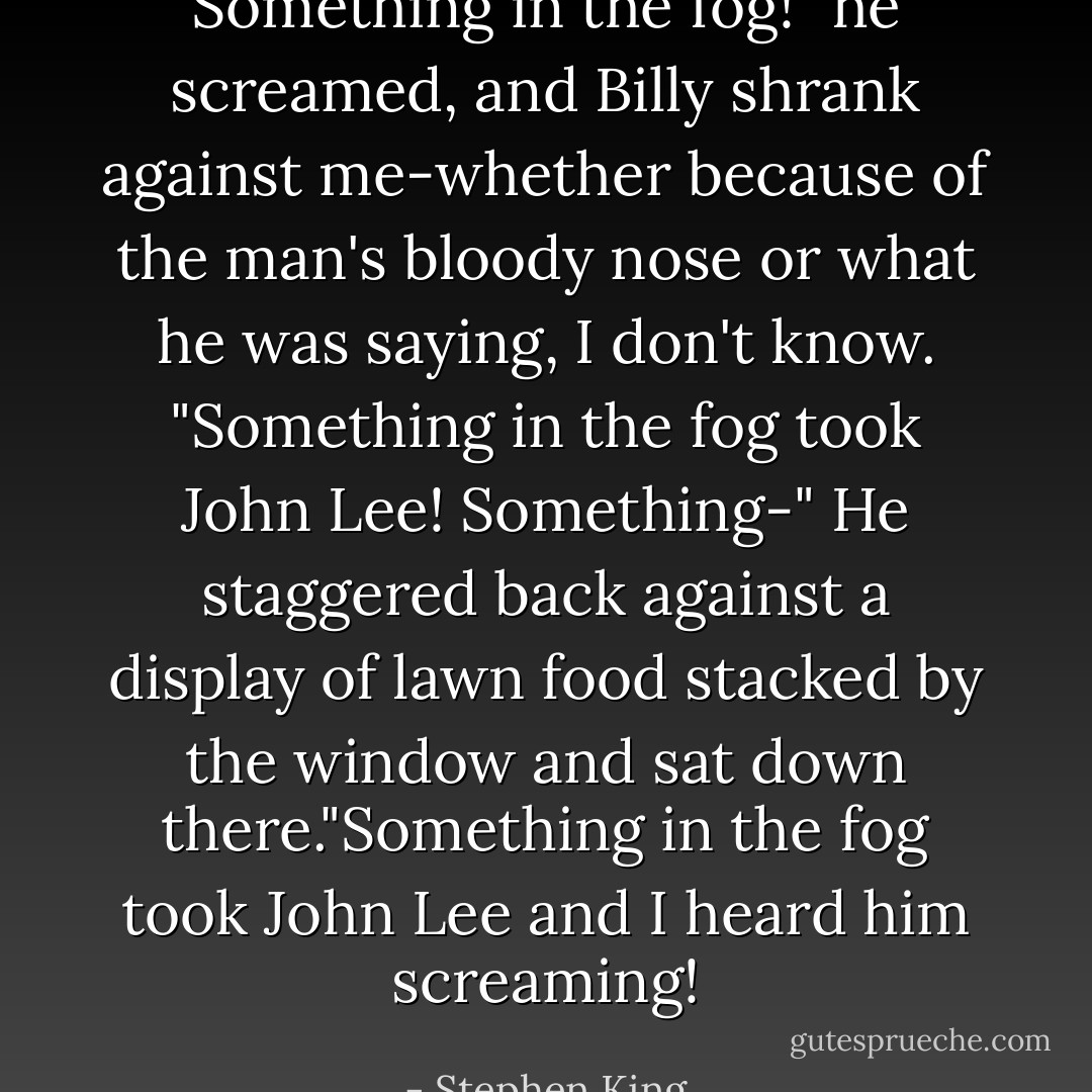 Something in the fog!" he screamed, and Billy shrank against me-whether because of the man's bloody nose or what he was saying, I don't know. "Something in the fog took John Lee! Something-" He staggered back against a display of lawn food stacked by the window and sat down there."Something in the fog took John Lee and I heard him screaming! - Stephen King