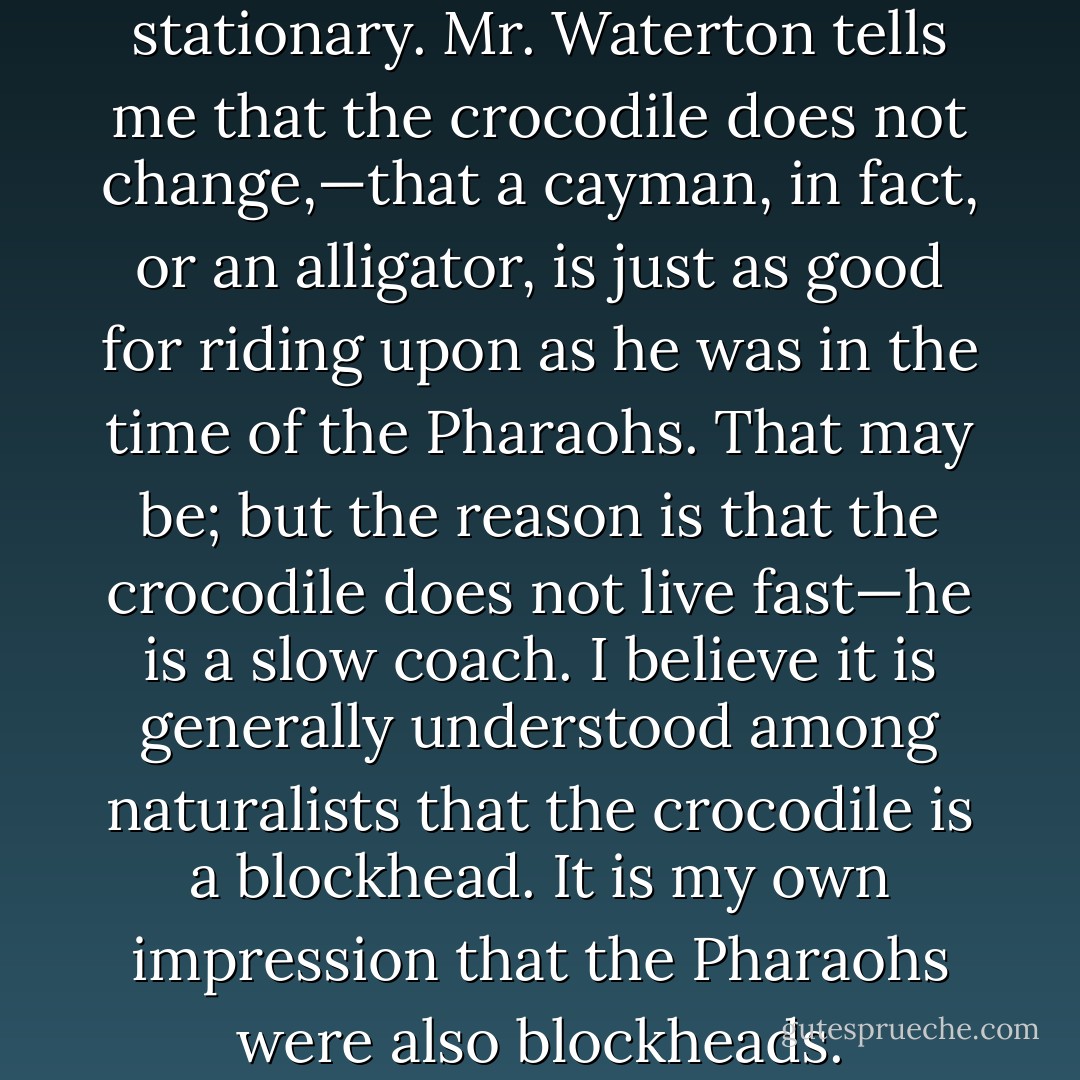 Crocodiles, you will say, are stationary. Mr. Waterton tells me that the crocodile does not change,—that a cayman, in fact, or an alligator, is just as good for riding upon as he was in the time of the Pharaohs. That may be; but the reason is that the crocodile does not live fast—he is a slow coach. I believe it is generally understood among naturalists that the crocodile is a blockhead. It is my own impression that the Pharaohs were also blockheads. - Thomas de Quincey