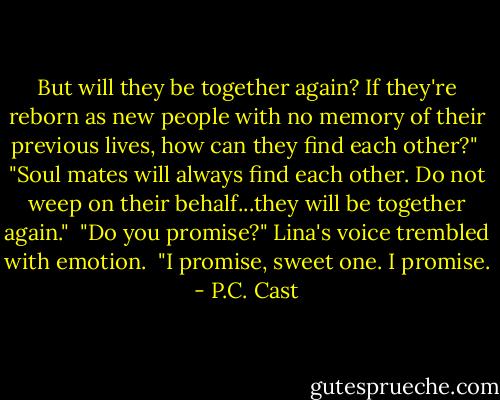 But will they be together again? If they're reborn as new people with no memory of their previous lives, how can they find each other?"<br /><br />"Soul mates will always find each other. Do not weep on their behalf...they will be together again."<br /><br />"Do you promise?" Lina's voice trembled with emotion.<br /><br />"I promise, sweet one. I promise. - P.C. Cast