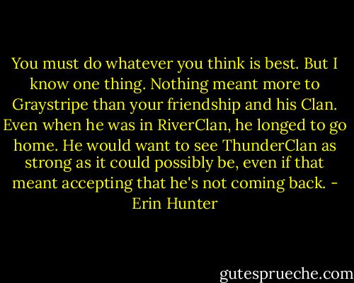 You must do whatever you think is best. But I know one thing. Nothing meant more to Graystripe than your friendship and his Clan. Even when he was in RiverClan, he longed to go home. He would want to see ThunderClan as strong as it could possibly be, even if that meant accepting that he's not coming back. - Erin Hunter