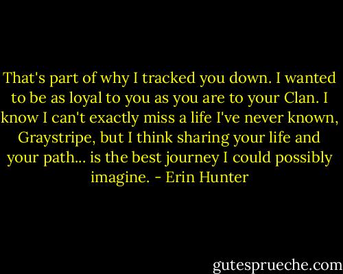 That's part of why I tracked you down. I wanted to be as loyal to you as you are to your Clan. I know I can't exactly miss a life I've never known, Graystripe, but I think sharing your life and your path... is the best journey I could possibly imagine. - Erin Hunter