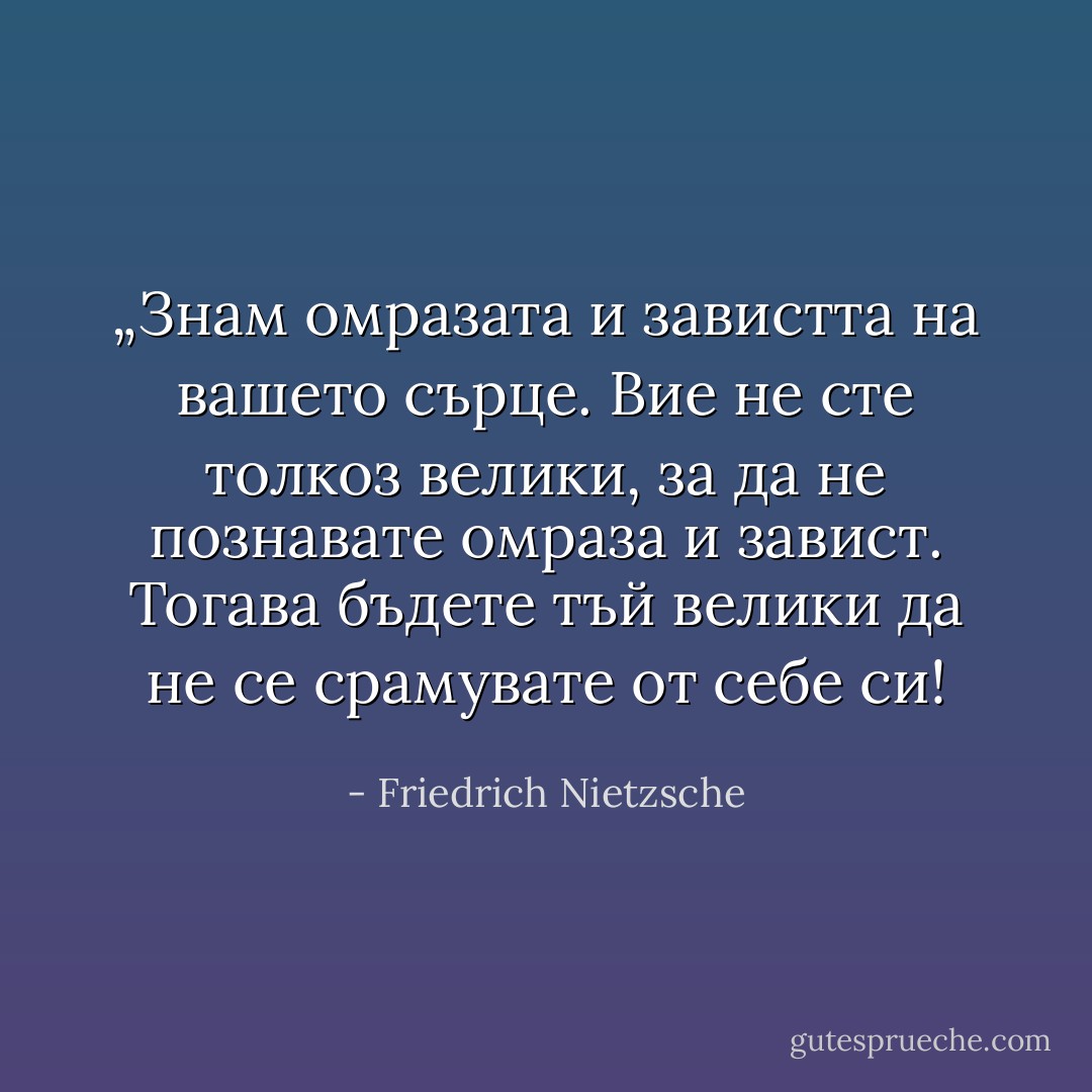 „Знам омразата и завистта на вашето сърце. Вие не сте толкоз велики, за да не познавате омраза и завист. Тогава бъдете тъй велики да не се срамувате от себе си! - Friedrich Nietzsche