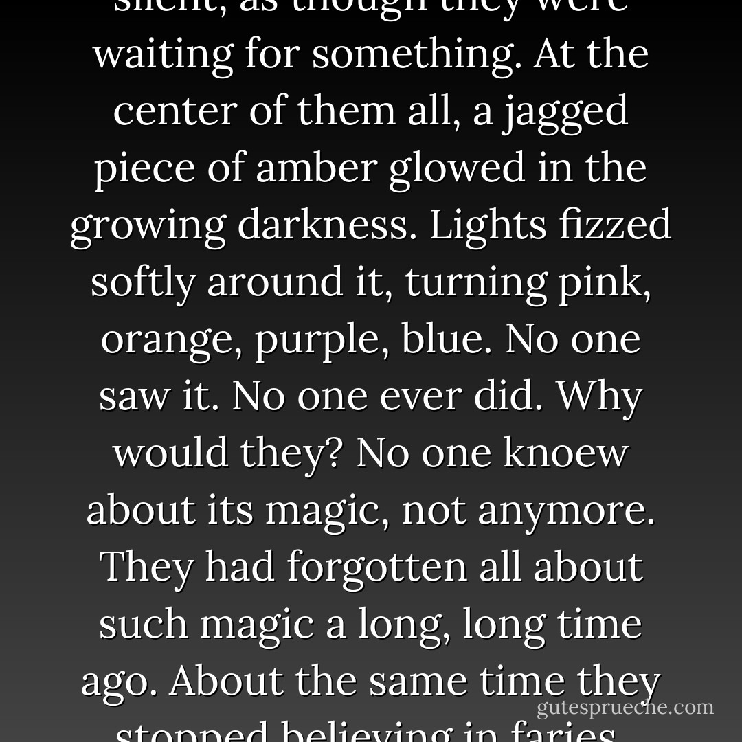 The woods were deserted that day.<br />The stones stood still and silent, as though they were waiting for something. At the center of them all, a jagged piece of amber glowed in the growing darkness. Lights fizzed softly around it, turning pink, orange, purple, blue.<br />No one saw it. No one ever did. Why would they? No one knoew about its magic, not anymore. They had forgotten all about such magic a long, long time ago. About the same time they stopped believing in faries.<br />How foolish. - Liz Kessler
