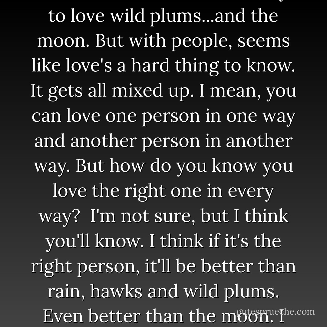Well, sometimes love seems easy. Like..it's easy to love rain...and hawks. And it's easy to love wild plums...and the moon. But with people, seems like love's a hard thing to know. It gets all mixed up. I mean, you can love one person in one way and another person in another way. But how do you know you love the right one in every way?<br /><br />I'm not sure, but I think you'll know. I think if it's the right person, it'll be better than rain, hawks and wild plums. Even better than the moon. I think it'll be better than all that put together. - Billie Letts