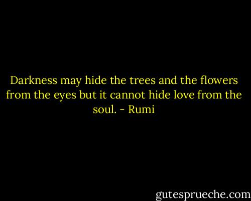Darkness may hide the trees<br />and the flowers from the eyes<br />but it cannot hide<br />love from the soul. - Rumi