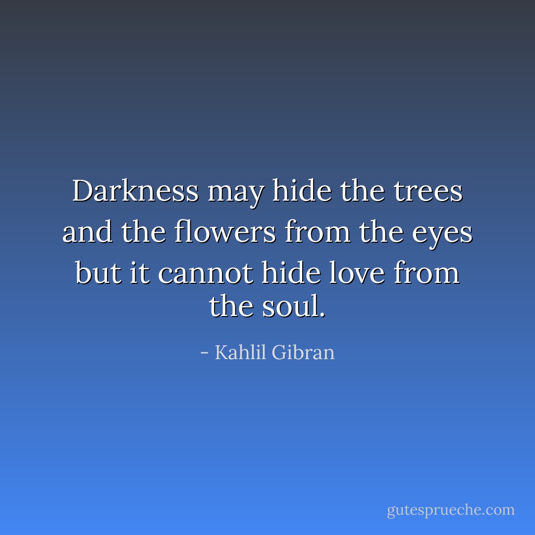 Darkness may hide the trees<br />and the flowers from the eyes<br />but it cannot hide<br />love from the soul. - Kahlil Gibran
