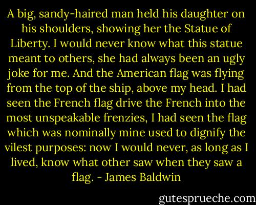A big, sandy-haired man held his daughter on his shoulders, showing her the Statue of Liberty. I would never know what this statue meant to others, she had always been an ugly joke for me. And the American flag was flying from the top of the ship, above my head. I had seen the French flag drive the French into the most unspeakable frenzies, I had seen the flag which was nominally mine used to dignify the vilest purposes: now I would never, as long as I lived, know what other saw when they saw a flag. - James Baldwin