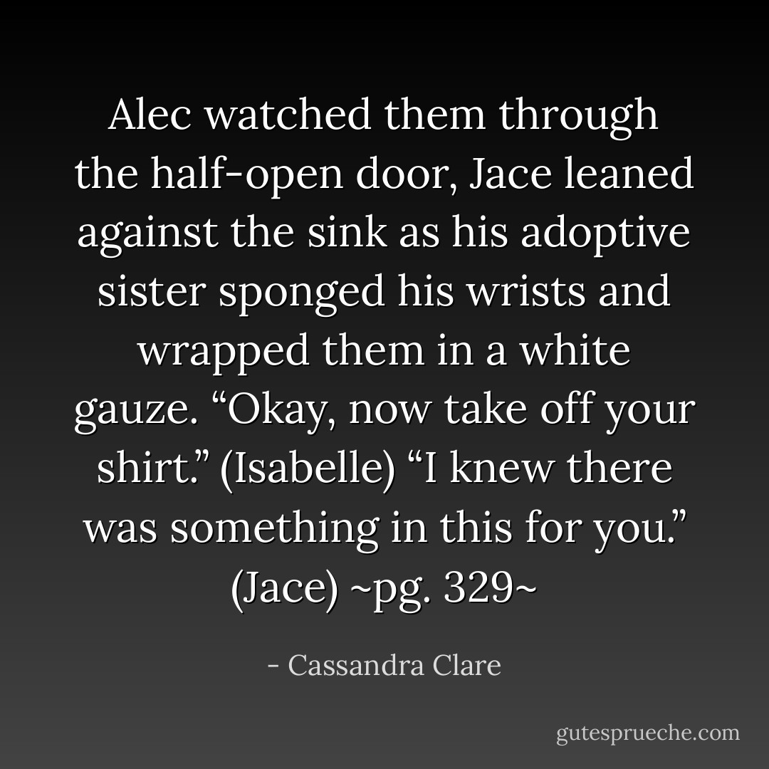 Alec watched them through the half-open door, Jace leaned against the sink as his adoptive sister sponged his wrists and wrapped them in a white gauze. “Okay, now take off your shirt.” (Isabelle)<br />“I knew there was something in this for you.” (Jace)<br />~pg. 329~ - Cassandra Clare