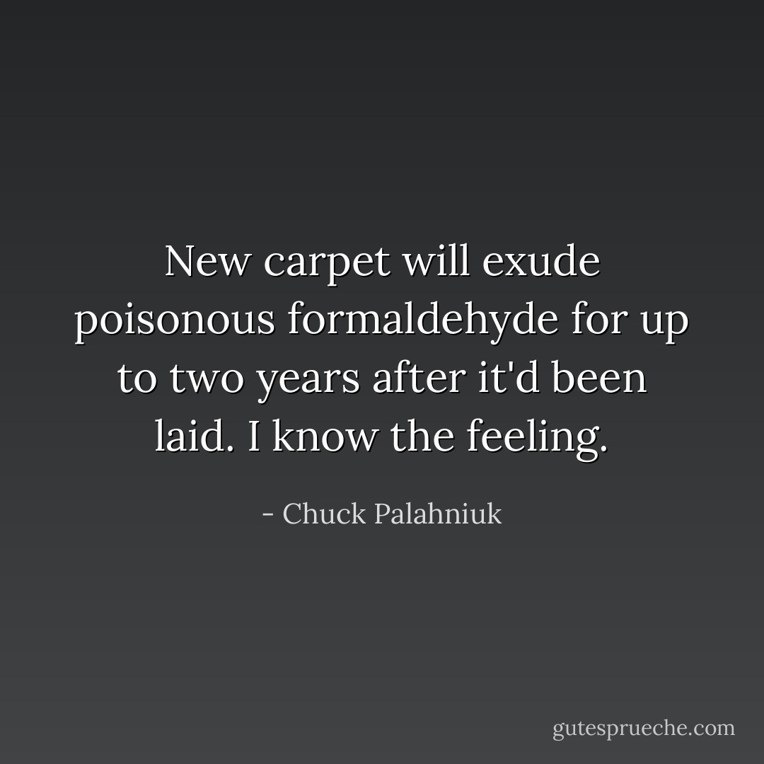 New carpet will exude poisonous formaldehyde for up to two years after it'd been laid. I know the feeling. - Chuck Palahniuk