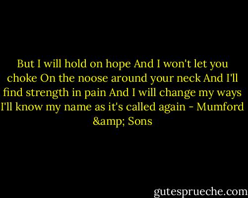 But I will hold on hope<br />And I won't let you choke<br />On the noose around your neck<br />And I'll find strength in pain<br />And I will change my ways<br />I'll know my name as it's called again - Mumford & Sons