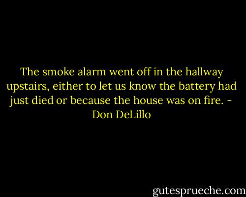 The smoke alarm went off in the hallway upstairs, either to let us know the battery had just died or because the house was on fire. - Don DeLillo