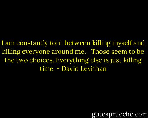 I am constantly torn between killing myself and killing everyone around me. <br /><br />Those seem to be the two choices. Everything else is just killing time. - David Levithan