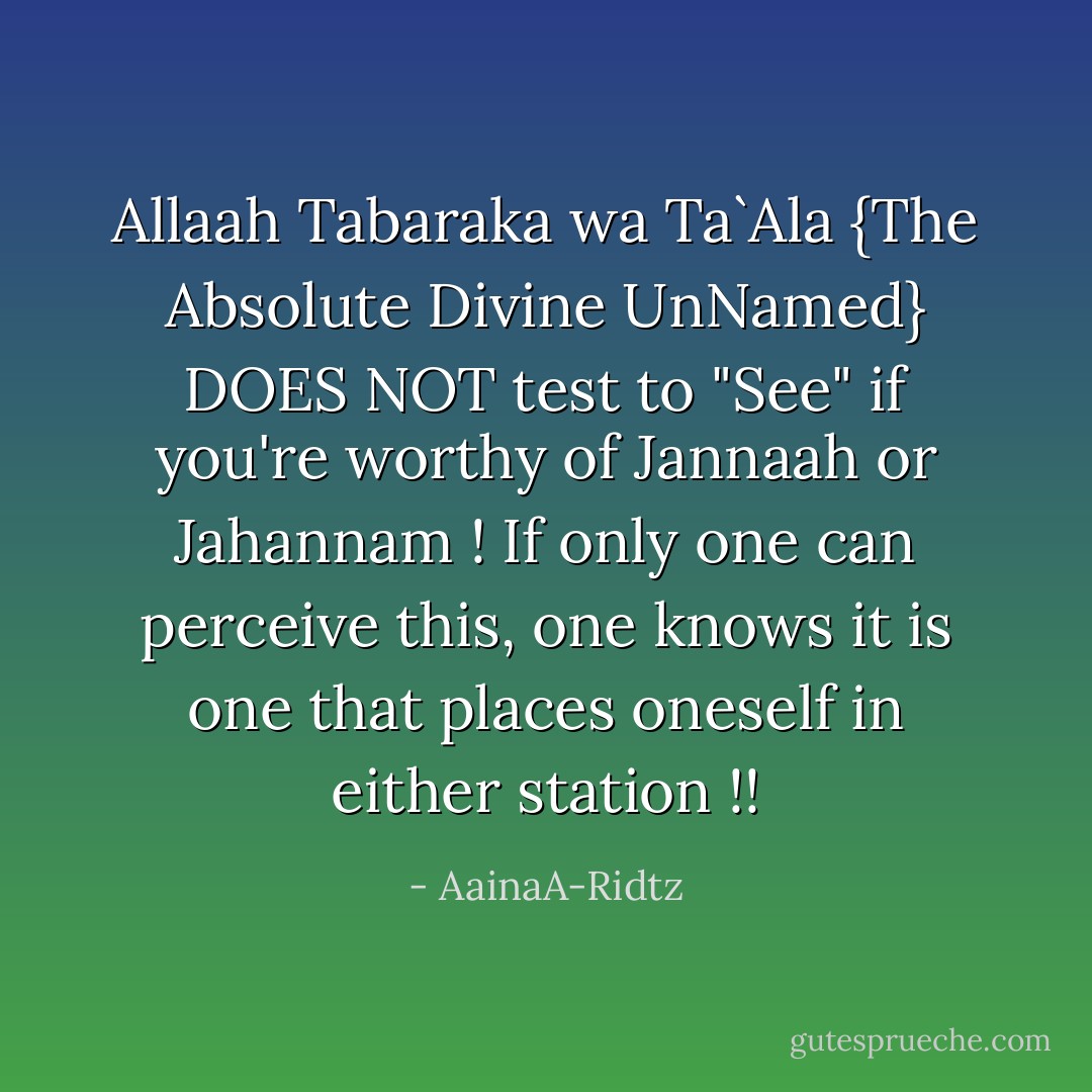 Allaah Tabaraka wa Ta`Ala {The Absolute Divine UnNamed} DOES NOT test to "See" if you're worthy of Jannaah or Jahannam ! If only one can perceive this, one knows it is one that places oneself in either station !! - AainaA-Ridtz