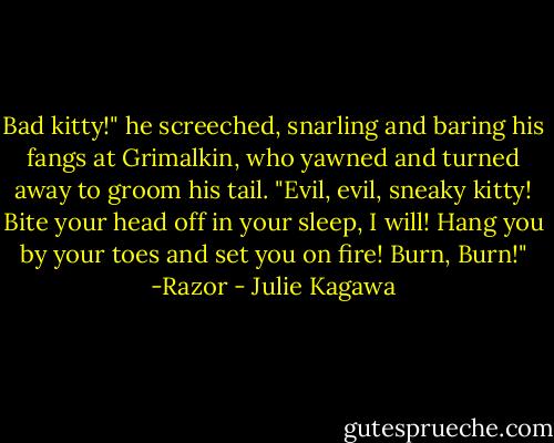 Bad kitty!" he screeched, snarling and baring his fangs at Grimalkin, who yawned and turned away to groom his tail. "Evil, evil, sneaky kitty! Bite your head off in your sleep, I will! Hang you by your toes and set you on fire! Burn, Burn!"<br />-Razor - Julie Kagawa