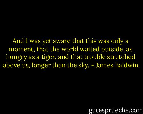 And I was yet aware that this was only a moment, that the world waited outside, as hungry as a tiger, and that trouble stretched above us, longer than the sky. - James Baldwin