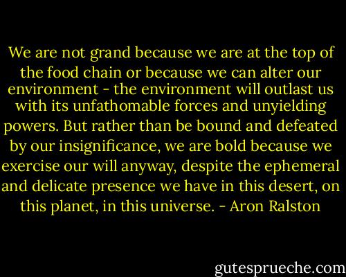 We are not grand because we are at the top of the food chain or because we can alter our environment - the environment will outlast us with its unfathomable forces and unyielding powers. But rather than be bound and defeated by our insignificance, we are bold because we exercise our will anyway, despite the ephemeral and delicate presence we have in this desert, on this planet, in this universe. - Aron Ralston
