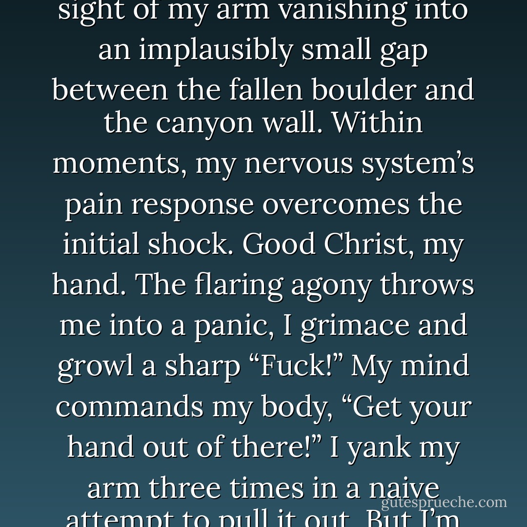 My disbelief paralyzes me temporarily as I stare at the sight of my arm vanishing into an implausibly small gap between the fallen boulder and the canyon wall. Within moments, my nervous system’s pain response overcomes the initial shock. Good Christ, my hand. The flaring agony throws me into a panic, I grimace and growl a sharp “Fuck!” My mind commands my body, “Get your hand out of there!” I yank my arm three times in a naive attempt to pull it out.<br />But I’m stuck. - Aron Ralston