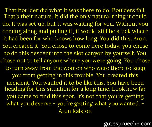 That boulder did what it was there to do. Boulders fall. That’s their nature. It did the only natural thing it could do. It was set up, but it was waiting for you. Without you coming along and pulling it, it would still be stuck where it had been for who knows how long. You did this, Aron. You created it. You chose to come here today; you chose to do this descent into the slot canyon by yourself. You chose not to tell anyone where you were going. You chose to turn away from the women who were there to keep you from getting in this trouble. You created this accident. You wanted it to be like this. You have been heading for this situation for a long time. Look how far you came to find this spot. It’s not that you’re getting what you deserve - you’re getting what you wanted. - Aron Ralston