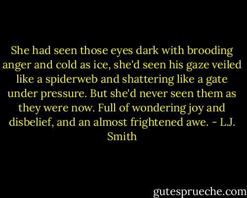 She had seen those eyes dark with brooding anger and cold as ice, she'd seen his gaze veiled like a spiderweb and shattering like a gate under pressure. But she'd never seen them as they were now. Full of wondering joy and disbelief, and an almost frightened awe. - L.J. Smith