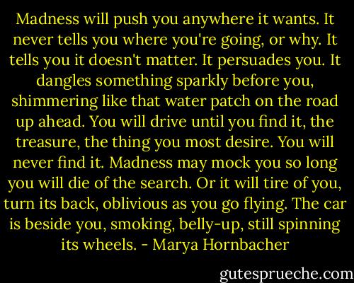 Madness will push you anywhere it wants. It never tells you where you're going, or why. It tells you it doesn't matter. It persuades you. It dangles something sparkly before you, shimmering like that water patch on the road up ahead. You will drive until you find it, the treasure, the thing you most desire.<br />You will never find it. Madness may mock you so long you will die of the search. Or it will tire of you, turn its back, oblivious as you go flying. The car is beside you, smoking, belly-up, still spinning its wheels. - Marya Hornbacher