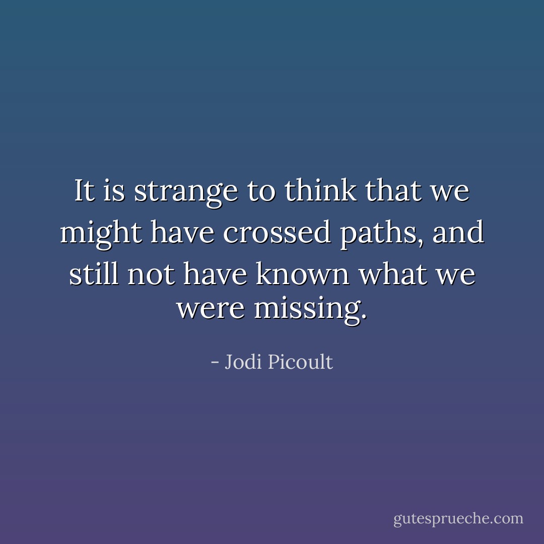 It is strange to think that we might have crossed paths, and still not have known what we were missing. - Jodi Picoult
