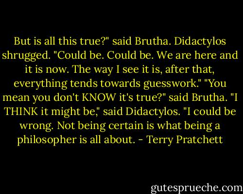 But is all this true?" said Brutha.<br />Didactylos shrugged. "Could be. Could be. We are here and it is now. The way I see it is, after that, everything tends towards guesswork."<br />"You mean you don't KNOW it's true?" said Brutha.<br />"I THINK it might be," said Didactylos. "I could be wrong. Not being certain is what being a philosopher is all about. - Terry Pratchett