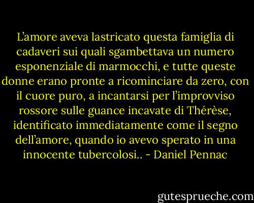 L’amore aveva lastricato questa famiglia di cadaveri sui quali sgambettava un numero esponenziale di marmocchi, e tutte queste donne erano pronte a ricominciare da zero, con il cuore puro, a incantarsi per l’improvviso rossore sulle guance incavate di Thérèse, identificato immediatamente come il segno dell’amore, quando io avevo sperato in una innocente tubercolosi.. - Daniel Pennac