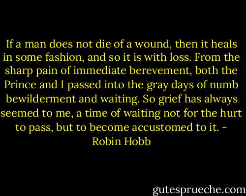If a man does not die of a wound, then it heals in some fashion, and so it is with loss. From the sharp pain of immediate berevement, both the Prince and I passed into the gray days of numb bewilderment and waiting. So grief has always seemed to me, a time of waiting not for the hurt to pass, but to become accustomed to it. - Robin Hobb