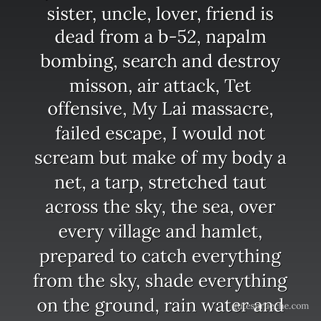 If one morning in the Spring, a stranger came and said to me, your mother,father, brother, sister, uncle, lover, friend is dead from a b-52, napalm bombing, search and destroy misson, air attack, Tet offensive, My Lai massacre, failed escape, I would not scream but make of my body a net, a tarp, stretched taut across the sky, the sea, over every village and hamlet, prepared to catch everything from the sky, shade everything on the ground, rain water and receive yyou, war, with arms outstretched - Lê Thi Diem Thúy