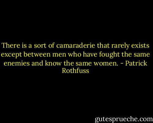 There is a sort of camaraderie that rarely exists except between men who have fought the same enemies and know the same women. - Patrick Rothfuss