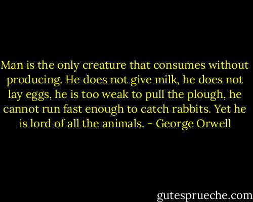 Man is the only creature that consumes without producing. He does not give milk, he does not lay eggs, he is too weak to pull the plough, he cannot run fast enough to catch rabbits. Yet he is lord of all the animals. - George Orwell