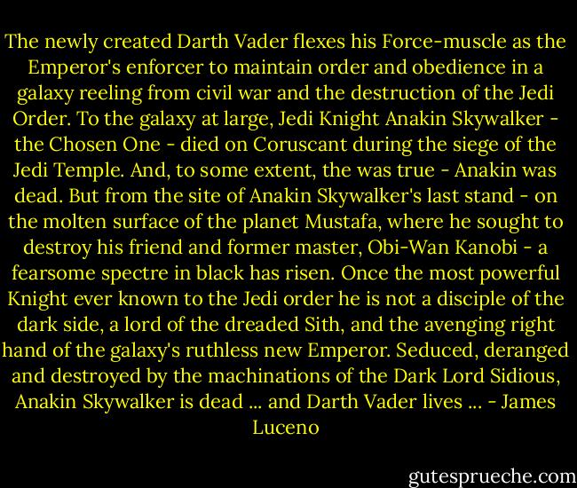 The newly created Darth Vader flexes his Force-muscle as the Emperor's enforcer to maintain order and obedience in a galaxy reeling from civil war and the destruction of the Jedi Order. To the galaxy at large, Jedi Knight Anakin Skywalker - the Chosen One - died on Coruscant during the siege of the Jedi Temple. And, to some extent, the was true - Anakin was dead. But from the site of Anakin Skywalker's last stand - on the molten surface of the planet Mustafa, where he sought to destroy his friend and former master, Obi-Wan Kanobi - a fearsome spectre in black has risen. Once the most powerful Knight ever known to the Jedi order he is not a disciple of the dark side, a lord of the dreaded Sith, and the avenging right hand of the galaxy's ruthless new Emperor. Seduced, deranged and destroyed by the machinations of the Dark Lord Sidious, Anakin Skywalker is dead ... and Darth Vader lives ... - James Luceno