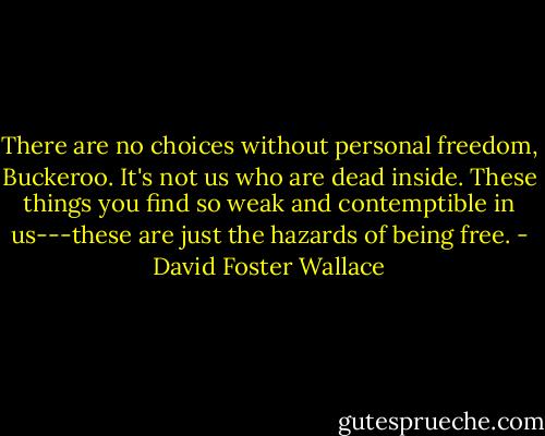 There are no choices without personal freedom, Buckeroo. It's not us who are dead inside. These things you find so weak and contemptible in us---these are just the hazards of being free. - David Foster Wallace