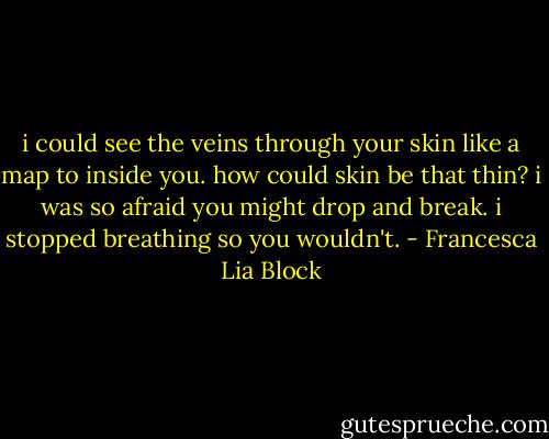 i could see the veins through your skin like a map to inside you. how could skin be that thin? i was so afraid you might drop and break. i stopped breathing so you wouldn't. - Francesca Lia Block