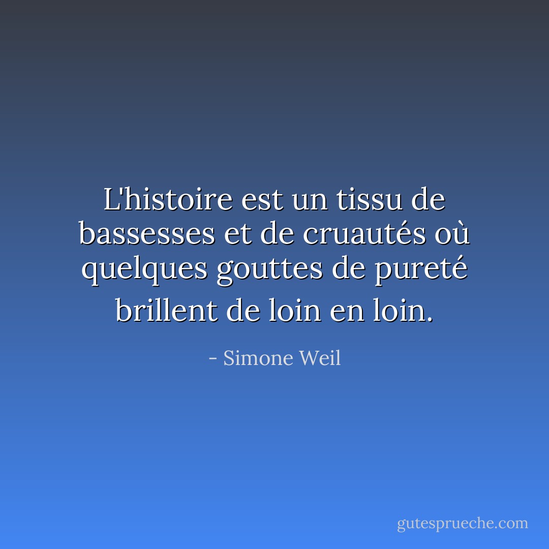 L'histoire est un tissu de bassesses et de cruautés où quelques gouttes de pureté brillent de loin en loin. - Simone Weil