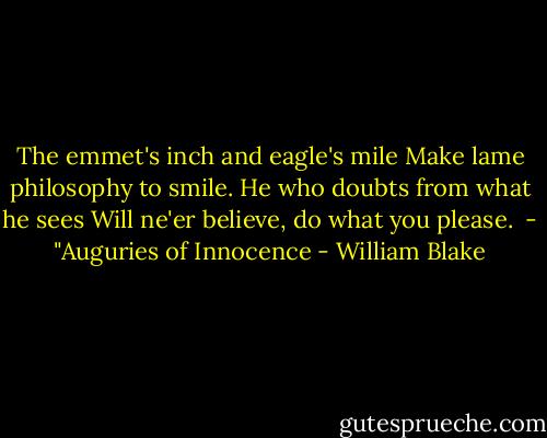 The emmet's inch and eagle's mile<br />Make lame philosophy to smile.<br />He who doubts from what he sees<br />Will ne'er believe, do what you please.<br /><br />- "Auguries of Innocence - William Blake