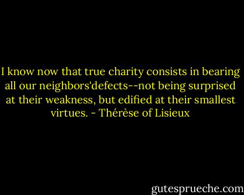 I know now that true charity consists in bearing all our neighbors'defects--not being surprised at their weakness, but edified at their smallest virtues. - Thérèse of Lisieux