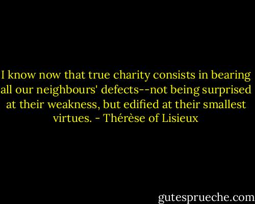 I know now that true charity consists in bearing all our neighbours' defects--not being surprised at their weakness, but edified at their smallest virtues. - Thérèse of Lisieux