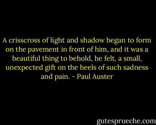 A crisscross of light and shadow began to form on the pavement in front of him, and it was a beautiful thing to behold, he felt, a small, unexpected gift on the heels of such sadness and pain. - Paul Auster