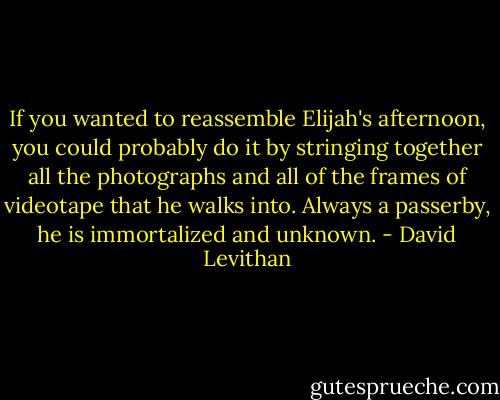 If you wanted to reassemble Elijah's afternoon, you could probably do it by stringing together all the photographs and all of the frames of videotape that he walks into. Always a passerby, he is immortalized and unknown. - David Levithan