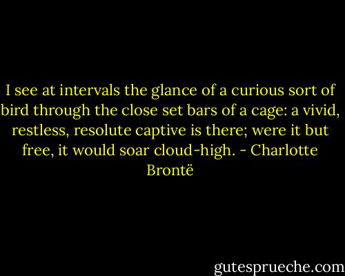I see at intervals the glance of a curious sort of bird through the close set bars of a cage: a vivid, restless, resolute captive is there; were it but free, it would soar cloud-high. - Charlotte Brontë