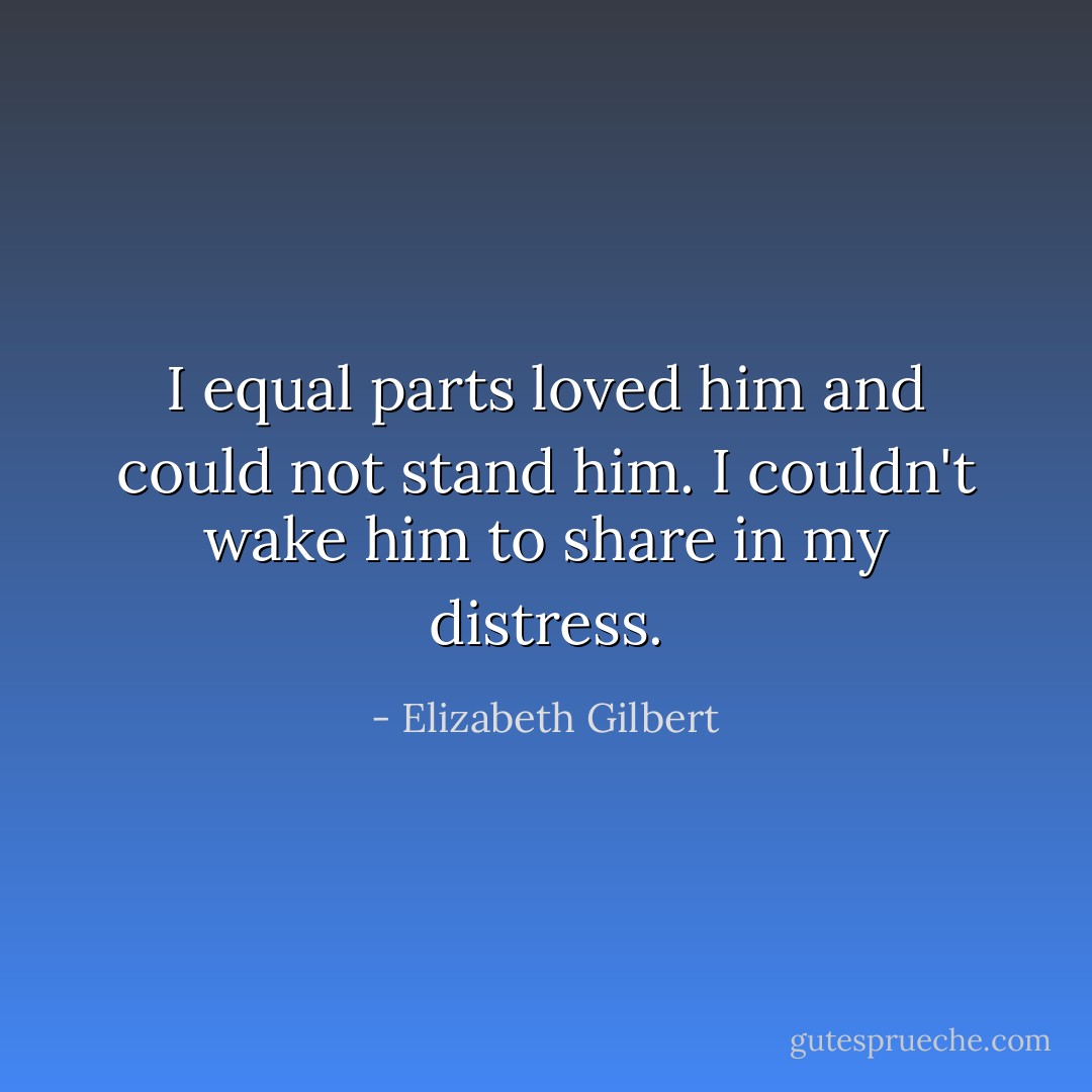 I equal parts loved him and could not stand him. I couldn't wake him to share in my distress. - Elizabeth Gilbert
