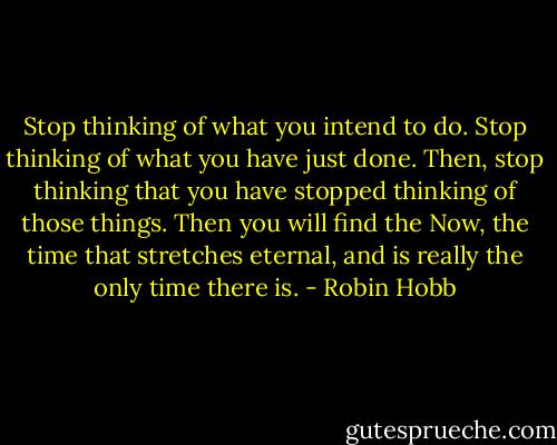 Stop thinking of what you intend to do. Stop thinking of what you have just done. Then, stop thinking that you have stopped thinking of those things. Then you will find the Now, the time that stretches eternal, and is really the only time there is. - Robin Hobb